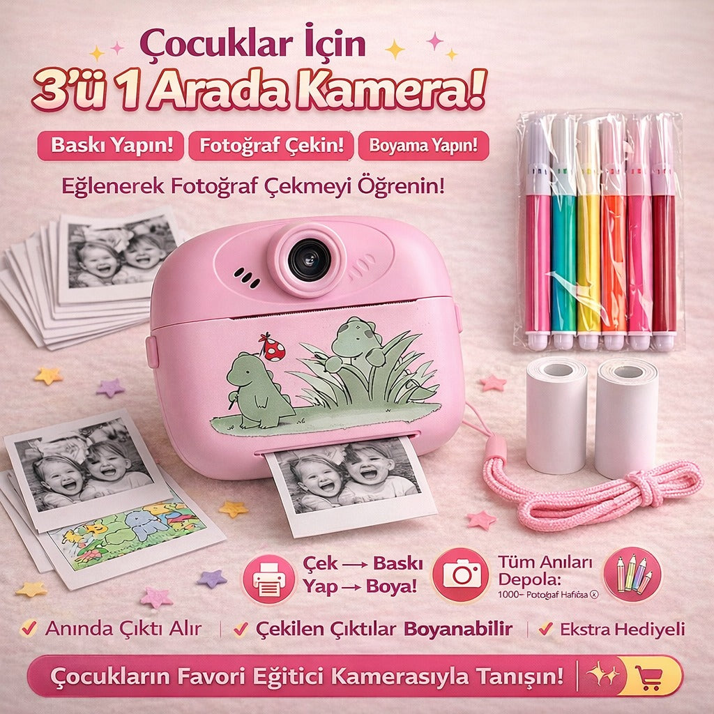 Çocuklar İçin Anında Baskı Yapan Eğitici Kamera (Boyun Askısı Hediye)